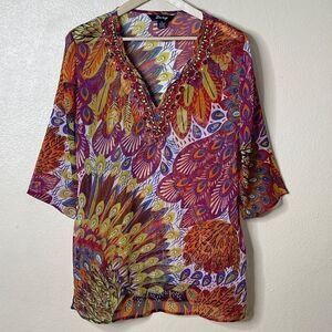 Zury Shirt Women's Small V- neck Beach Cover 3/4 sleeve Peacock Print